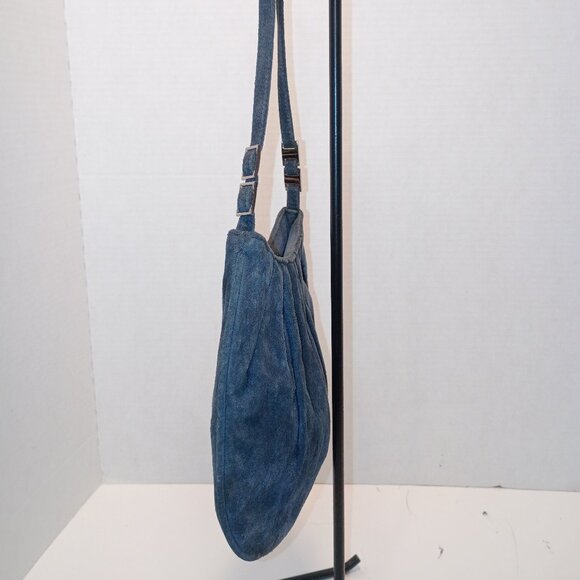 1990s WILSON'S LEATHER Maxima Small Blue Pleated Suede Mini Top-Handle Satchel - Picture 5 of 11